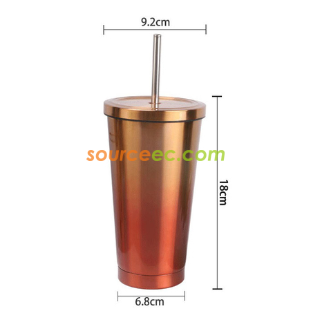 禮品訂造500ML 304雙層不銹鋼吸管杯時尚炫彩咖啡杯廣告禮品杯紀念品