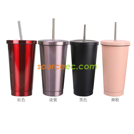 禮品訂造500ML 304雙層不銹鋼吸管杯時尚炫彩咖啡杯廣告禮品杯紀念品