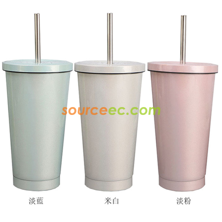 禮品訂造500ML 304雙層不銹鋼吸管杯時尚炫彩咖啡杯廣告禮品杯紀念品