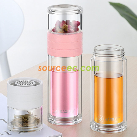 禮品訂造450 ML 便攜式茶水分離水杯雙層玻璃泡茶杯辦公杯紀念品