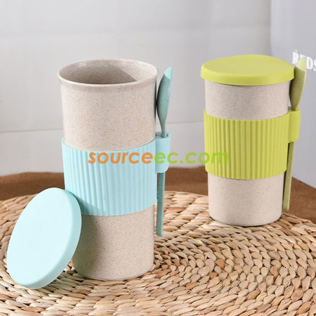 禮品訂造350ML 小麥秸稈纖維水杯帶調羹紀念品