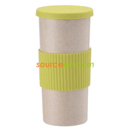 禮品訂造350ML 麥稈纖維咖啡杯環保可降解麥纖水杯矽膠平蓋紀念品