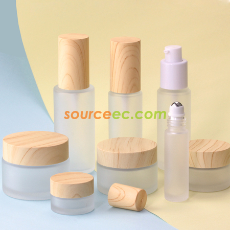 膏霜瓶化妆品套装瓶分裝瓶木纹盖滚珠乳液瓶眼霜面霜套装仿竹木盖环保磨砂膏霜瓶木纹玻璃膏霜盒磨砂面霜盒分装瓶
