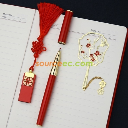 禮品訂造中國風梅花紅書籤復古典禮品套裝 USB手指紀念品