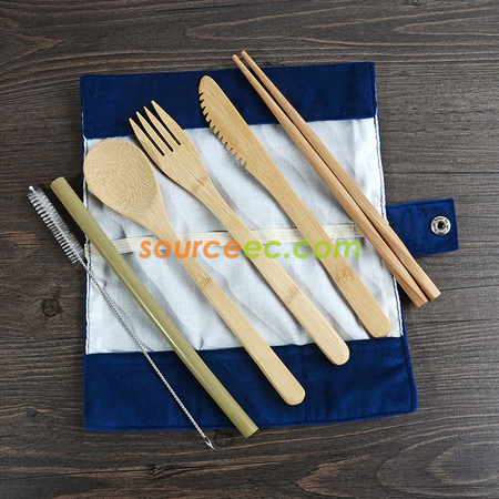 禮品訂造戶外可擕式竹制餐具7件套布袋餐具紀念品