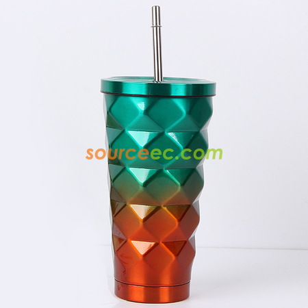 禮品訂造500ML不銹鋼吸管杯鳳梨杯菱形咖啡杯紀念品