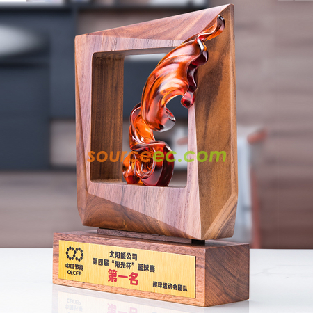 禮品訂造黑胡桃實木外框水晶琉璃獎座紀念品