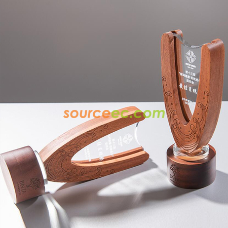禮品訂造U型木質水晶獎座紀念品
