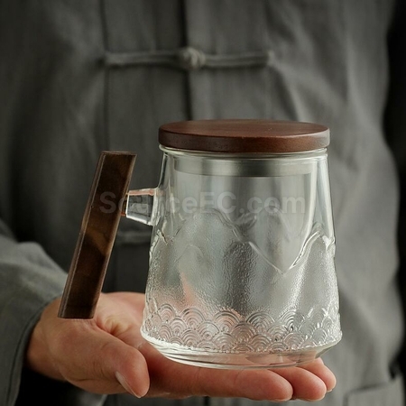 禮品訂造山海茶木柄玻璃泡茶杯紀念品
