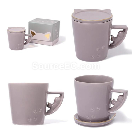 禮品訂造帶蓋貓咪圖案馬克杯紀念品