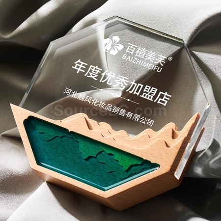 禮品訂造八角形水晶彩印實木獎座紀念品