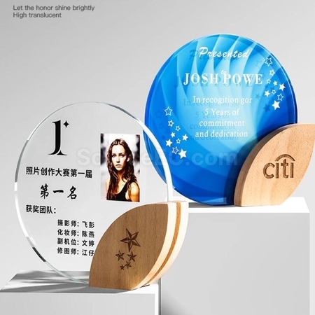 禮品訂造圓形水晶實木葉子獎座紀念品