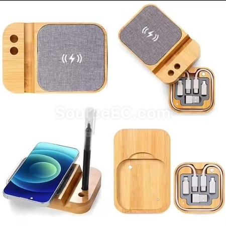 禮品訂造竹木無線充手機支架+數據線紀念品