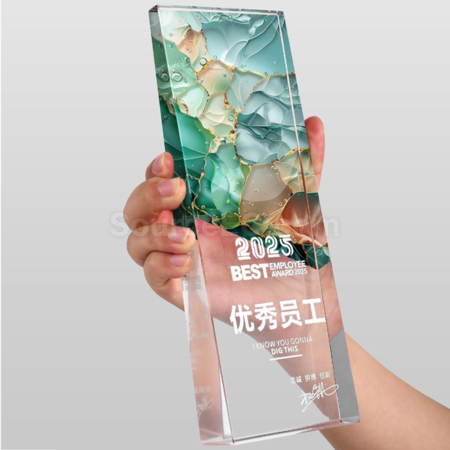 禮品訂造復古鐳射炫彩水晶獎座紀念品