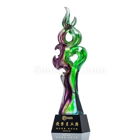 禮品訂造綠紫炫彩琉璃水晶獎杯紀念品