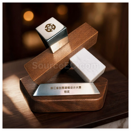 禮品訂造創意幾何木質金屬獎座紀念品