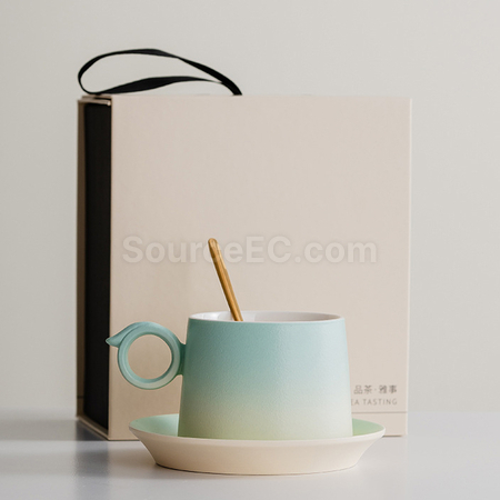 禮品訂造漸變木柄陶瓷咖啡杯禮盒紀念品