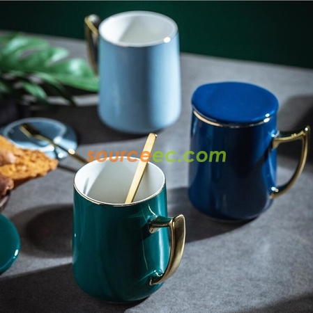 禮品訂造350ML陶瓷杯帶蓋勺紀念品